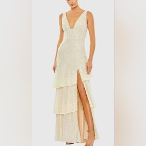 NWT Ieena for Mac Duggal Beige Sequin Asymmetrical Ruffle Tiered Gown size 10